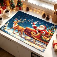 1pc Dish Drying Mat, Coffee Machine Mat, Christmas Reindeer Sleigh Pattern Dish Drying Mat, Suitable For Kitchen, Dining Room, Holiday Table Atmosphere, Practical Home Decor For Winter Christmas Season, Family Gift, Tabletop Decoration - XYLSD-909 - View 2