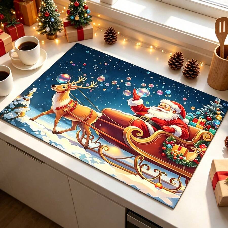 1pc Dish Drying Mat, Coffee Machine Mat, Christmas Reindeer Sleigh Pattern Dish Drying Mat, Suitable For Kitchen, Dining Room, Holiday Table Atmosphere, Practical Home Decor For Winter Christmas Season, Family Gift, Tabletop Decoration