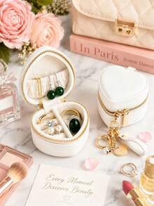 1pc Heart-Shaped Jewelry Travel Storage Box, Portable Jewelry Organizer With Ring Slots, Necklace Pocket And Earring Compartments, Compact Zipper Jewelry Case For Travel, Daily Use And Gifting - Multicolor - View 4