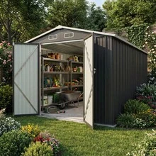 Cobertizo Metálico Para Jardín 238x364cm, Puertas Dobles Con Cerrojo Para Almacenamiento De Herramientas, Caseta Exterior Resistente Para Patio Trasero - Gris Oscuro - Ver 11