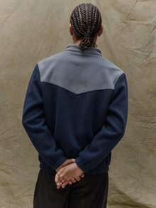 1pc Men's Autumn/Winter Colorblock Fleece Stand Collar Zip Jacket, Retro Contrast Warm Outerwear, Casual Commute Coat - Blue - View 2