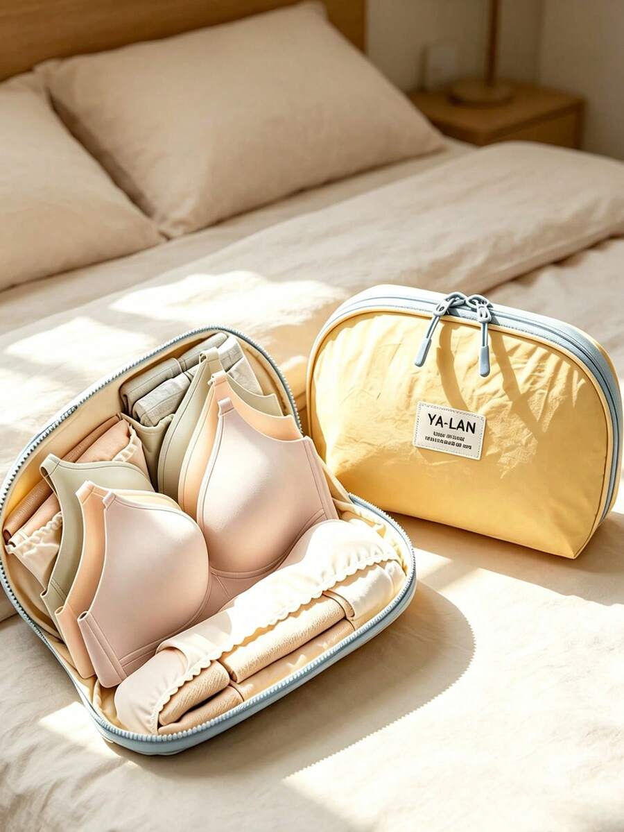 3-In-1 Bra Storage Bag, Color Block Bra Bag, Multi-Layer Underwear Storage Bag, Dust-Proof Underwear & Socks Organizer, Intimate Apparel Storage Bag, Travel Portable Storage Bag, Compact & Durable Luggage Organizer, Foldable Travel Bag Space-Saving, Suitable For All Seasons - Multicolor - View 1