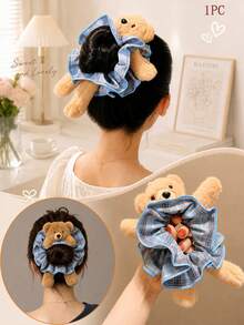 1PC Cute Plush Teddy Bear Plaid Scrunchie, Oversized Ruffle Hair Tie For Women & Girls, Sweet Kawaii Ponytail Bun Hair Accessory - Multicolor - View 2