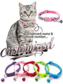 Personalized Soft Cat Adjustable Collar With Bell, Cat Collar, Custom Pet Name Tag, Adjustable Basic Collar, Suitable For Medium And Small Dogs, Cats, Kittens And Puppies, With Buckle - Multicolor - View 1
