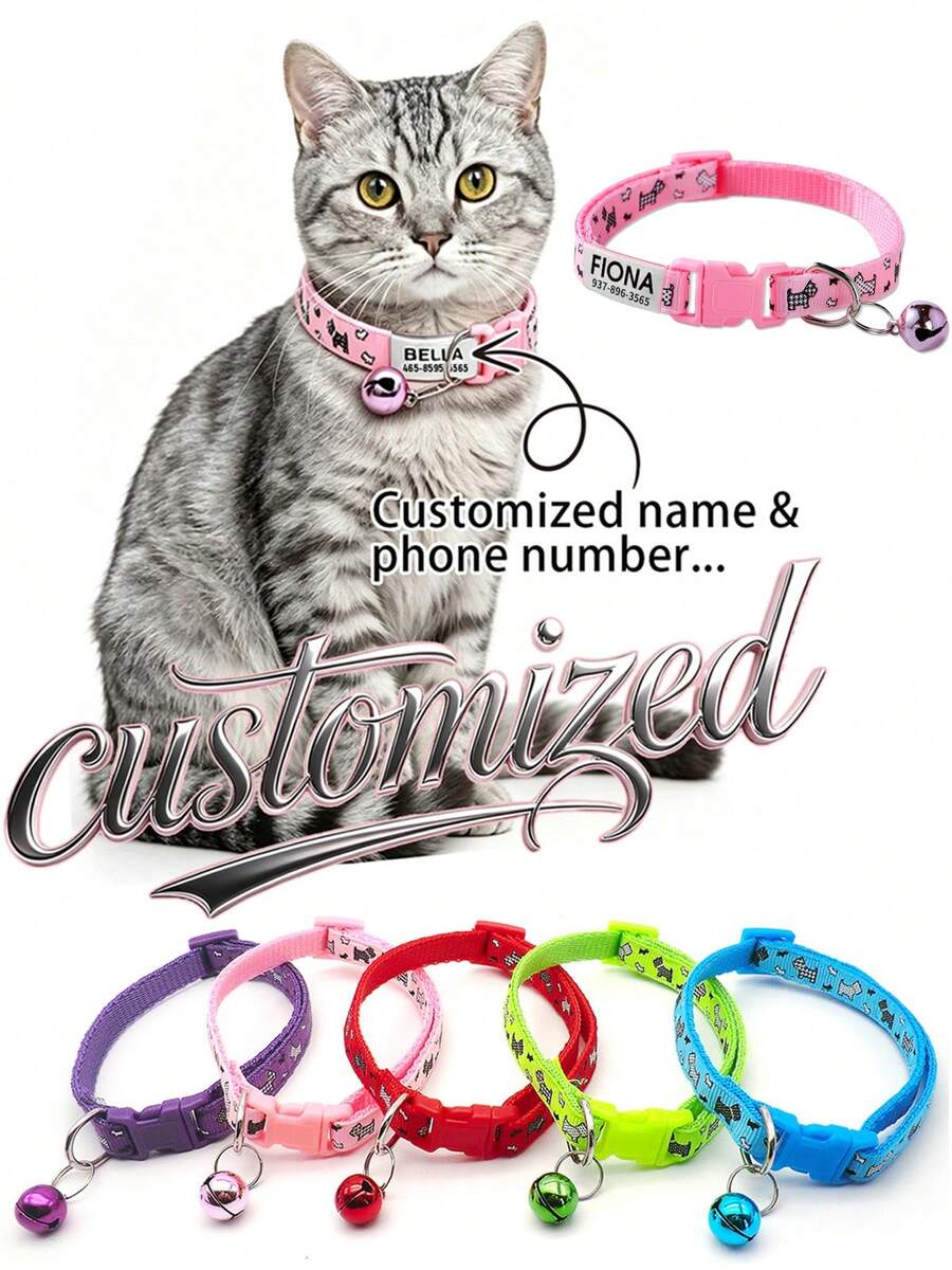 Personalized Soft Cat Adjustable Collar With Bell, Cat Collar, Custom Pet Name Tag, Adjustable Basic Collar, Suitable For Medium And Small Dogs, Cats, Kittens And Puppies, With Buckle - Multicolor - View 1