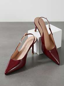 Adjustable Strap Backless High Heel Shoes, Plus Size Wide Fit Pointed Toe Elegant Commute Party Pumps - Burgundy - View 4
