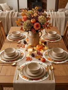 Runder Tischset mit weißem Kürbispflanzenkranz, orangefarbenem Kürbis und grünem Blattmuster im Herbststil, frischer Landhausstil, geeignet für Küchentisch, Esszimmer, Thanksgiving-Abendessen, Herbstparty und saisonale Heimdekoration - Verschiedenfarbig - Übersicht 6