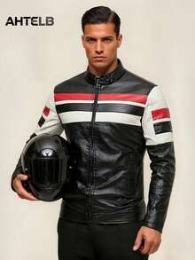 AHTELB Men's Leather Jacket Casual Retro Riding Jacket Motorcycle Leather Jacket Men's Outerwear, Very Sports Black Fall - Black - View 1