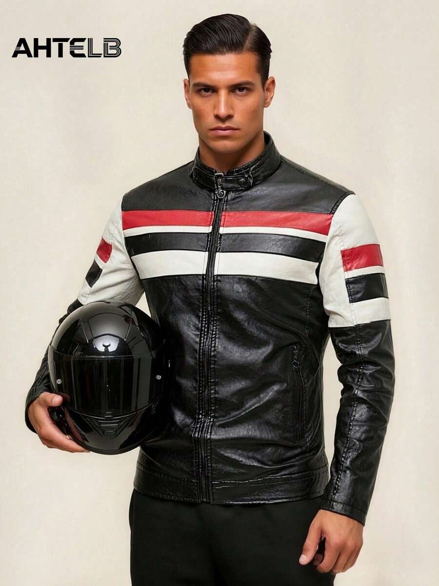 AHTELB Men's Leather Jacket Casual Retro Riding Jacket Motorcycle Leather Jacket Men's Outerwear, Very Sports Black Fall - Black - View 1