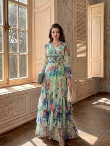 Elegant Women's New Floral Long Sleeve Multi-Layer Patchwork Design All-Season Full Skirt Dress - Multicolor - View 2