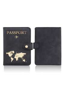 Minimalist Airplane Print Passport Wallet, Snap Button PU Faux Leather Passport Cover, Portable Travel Document Holder For Beach Vacation & School - Multicolor - View 13