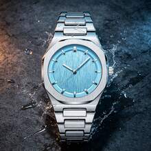 Men's Fashionable Ice Blue Watch, Silver Octagonal Case, Vertical Textured Dial, Elegant Casual Quartz Watch - one-size - View 4