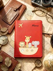Customized Name Personalized Cute Lion, Giraffe And Elephant Combination Print PU Passport Holder, Multiple Colors Available, Can Store Family Travel Documents, Bank Cards And Other Cards, Soft And Cute, Portable For Daily Use - Multicolor - View 3