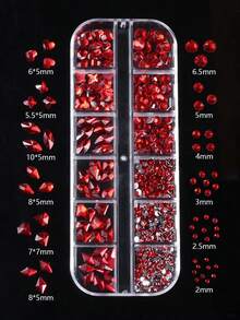 12-Grid Red Iridescent Resin Nail Art Rhinestones, Mixed Heart Butterfly Cat Eye Diamond Crystals In Multiple Sizes Flat Back Round, 3D Shiny Luxury Nail Decor, Suitable For Acrylic Nail Tips DIY Nail Art Decoration - Red - View 5