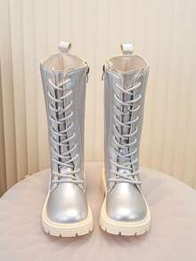 Girls' Shiny Silver Lace-Up High-Top Boots, Fashionable Thick Sole Long Boots, Suitable For Daily And Party Wear - Silver - View 5