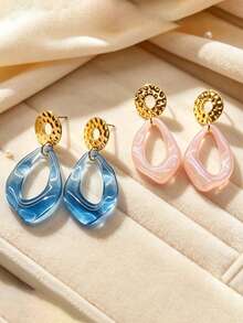 Gold-Tone Hammered Metal Earrings, Transparent Hollow Water Drop Resin Earrings For Women, Blue & Pink Two-Color Vacation Style Long Dangle Earrings - Geometric Earrings - View 2