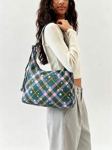 Nylon Shoulder Bag, Casual Bohemian Style Commuter Work Bag, Fashionable Large Capacity Handbag With Key Lanyard, Everyday Tote Bag - Multicolor - View 4