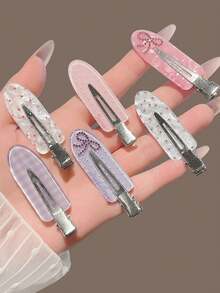 6pcs Plaid Heart Rhinestone Hair Clips, Cute Seamless Bangs Side Hair Clips, Sweet Women's Daily Hairstyle Decoration Hair Accessories Set (No Card Packaging) - Multicolor - View 3