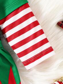 Christmas Baby Girl Spring/Autumn Cute Cartoon Candy Cane Print Long Sleeve Dress + Hat 2pcs Set - Green - View 5