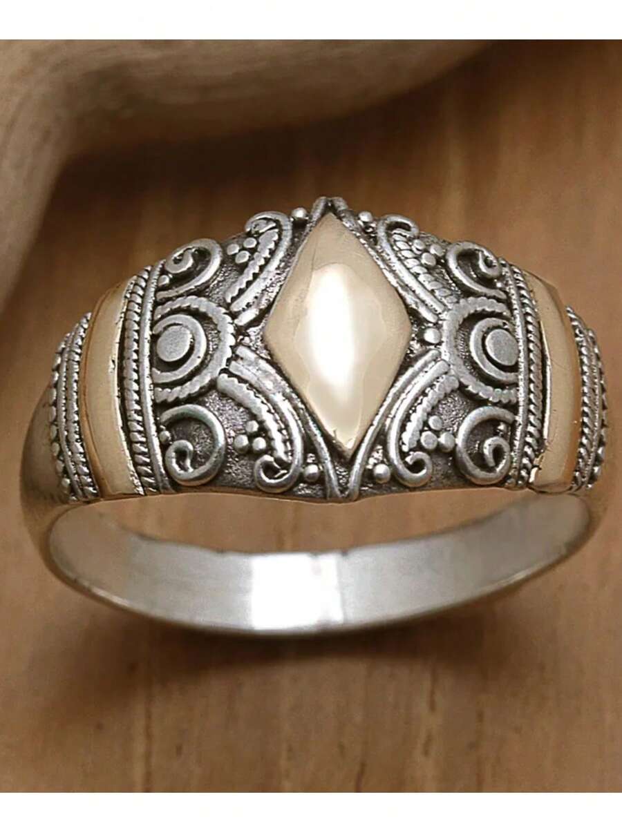 Gmzalx Vintage Geometric Textured Wide Band Ring, Spiral Carved Pattern, Bohemian Jewelry, Suitable For Daily Wear, Vacation Travel And Various Parties - Multicolor - View 1