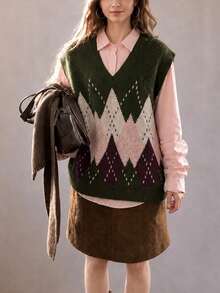Women's New Autumn Casual Vintage Argyle Pattern V-Neck Pullover Vest - Dark Green - View 3
