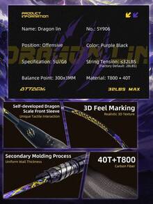 SALYWEE Dragon Lin Badminton Racket 5U G6 - T800 Carbon Fiber & 30T 6.8mm Mid Shaft, 28-32lbs, Secondary Molding Hybrid Frame, Fish Mouth Cone Cap, Offensive Racquets (300±3mm) - Purple - View 5