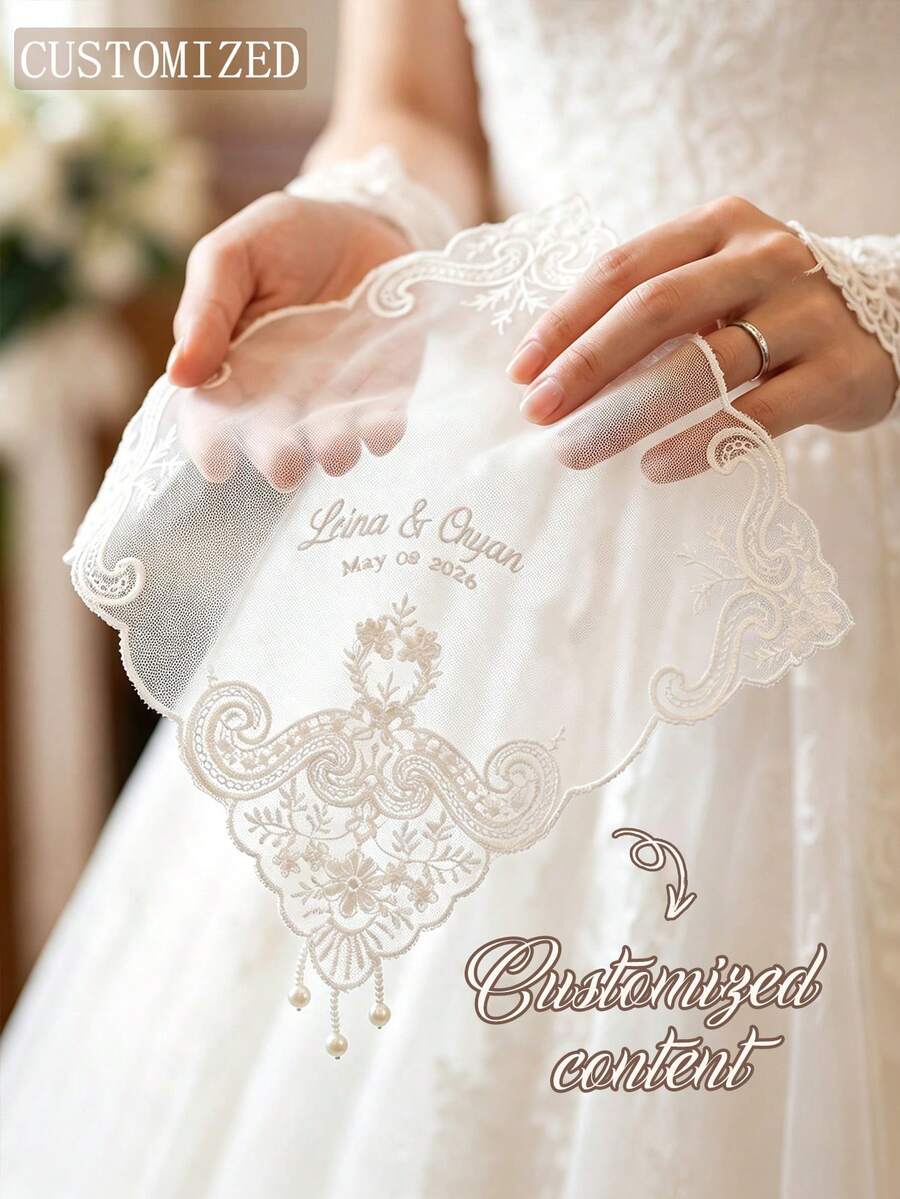 Custom Embroidered Wedding Handkerchief, Personalized Names Date Lace Bridal Handkerchief, Vintage Pearl Tassel Wedding Keepsake Hanky For Bride - Multicolor - View 1