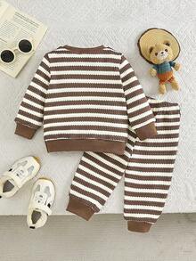 Unisex Baby 2 Pieces Outfit Set, Autumn/Winter Waffle Knit Striped Matching Set, Cartoon Teddy Bear Embroidered Long Sleeve Top & Elastic Waist Long Pants, Comfortable - Brown - View 3