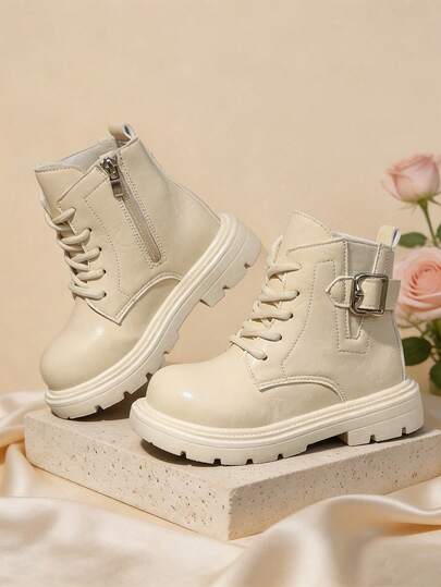 2026 New Cute Campus Wear-Resistant Thick Sole Girls' Cream White Boots, British Style Matte Soft PU Fabric Lace-Up Buckle Ankle Boots, Side Zipper Easy On/Off, Suitable For Campus Performances, Wedding Flower Girl, Short Trips, Fairy Sweet Cool Versatile Outfit