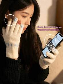 Cute Cartoon Touchscreen Knitted Gloves For Women, Letter Ribbed Woolen Gloves, Autumn/Winter Daily Commute Student Outdoor Phone Use Warm Protection Split Finger Gloves - Multicolor - View 12