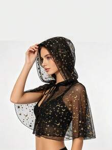 Moon & Star Hooded Cape, Halloween Costume, Black Transparent Mesh Tie-Front Short Cape, Suitable For Photo Shoots - Black - View 1