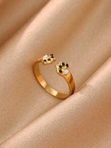 1 Buah Cincin Terbuka Bentuk Cakar Kucing Enamel Hitam Putih Lucu untuk Wanita, Cincin Stainless Steel Terbuka yang Dapat Diatur, Cincin Emas, Perhiasan Hewan Lucu untuk Pecinta Kucing - MultiWarna - View 2