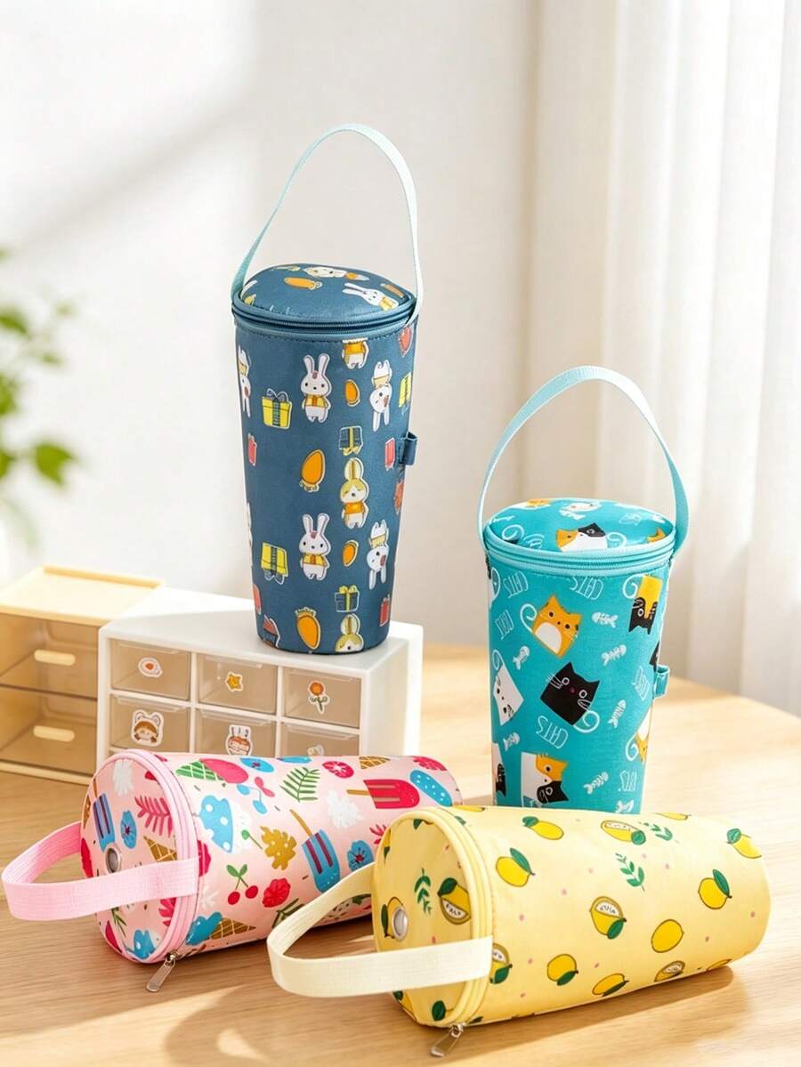 1pc/6pcs Cute Cartoon Print Cylindrical Storage Bag, Zipper Closure Portable Handbag, Multi-Functional Round Storage Bag, Lightweight Water Bottle Sleeve, Suitable For Water Bottles And Milk Tea Cups, Ideal For Outdoor Travel, Shopping And Daily Use