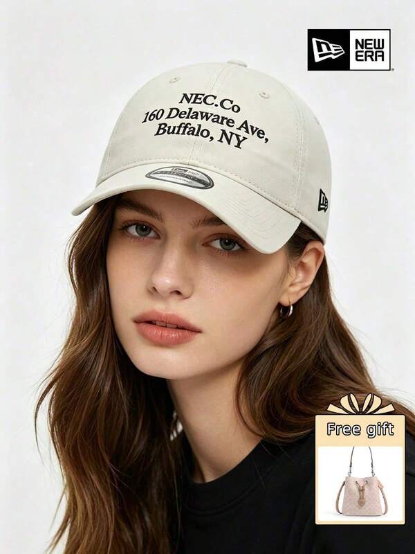 New Era Adjustable Baseball Cap, Fashion Letter Address Embroidery Beige Soft Crown Hat For OOTD