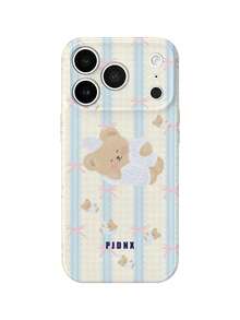 PJDNX 1pc Yellow & Blue Plaid Bear Print Phone Case With Pink Bow , Striped Fruit Style, Bear Design, Glossy Film Hard Shell, Precise Lens & Earpiece Cutouts, Full Coverage, Ultra-Lightweight Bare-Hand Feel, Phone 17 Pro Max Phone Case, Compatible With Phone 16 Pro Max, 15 Pro Max, 14 Pro Max, High-End Fashion Fun Phone - Baby Blue - View 1