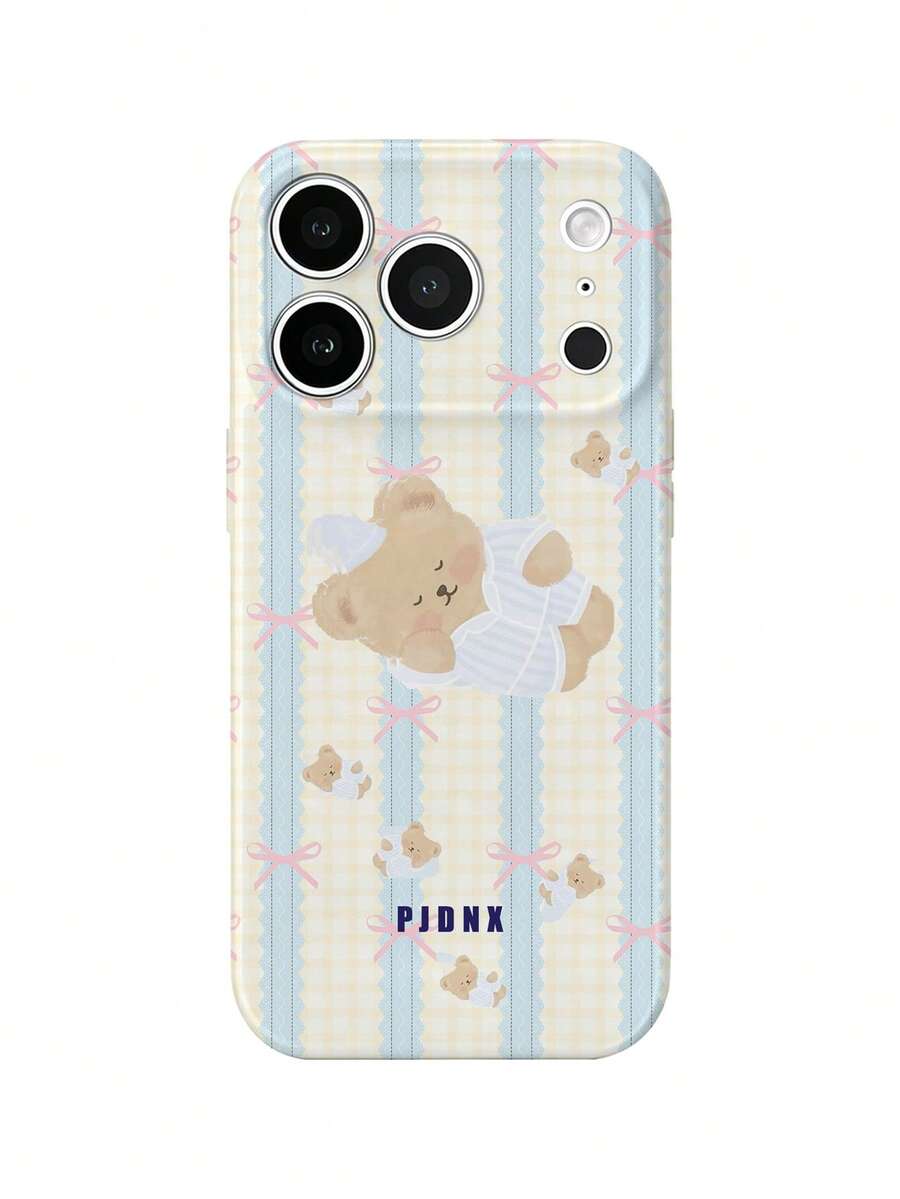 PJDNX 1pc Yellow & Blue Plaid Bear Print Phone Case With Pink Bow , Striped Fruit Style, Bear Design, Glossy Film Hard Shell, Precise Lens & Earpiece Cutouts, Full Coverage, Ultra-Lightweight Bare-Hand Feel, Phone 17 Pro Max Phone Case, Compatible With Phone 16 Pro Max, 15 Pro Max, 14 Pro Max, High-End Fashion Fun Phone - Baby Blue - View 1