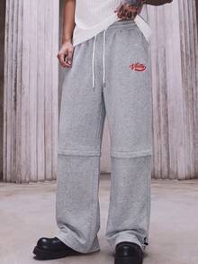 MAISONFOX Men's Grey Patchwork Loose Pants, Red Letter Print, Drawstring Waist, Adjustable Hem, Cargo Pants, Retro Hip-Hop Style Sweatpants - Light Grey - View 1