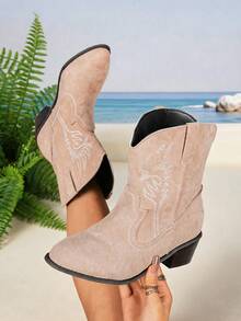 Fall/Winter 2025 Women's Retro Embroidered Mid-Calf Boots, Mid-Heel Pointed Toe Western Boots, Women's Faux Leather Riding Boots,Cowboy Boots - Khaki - View 2