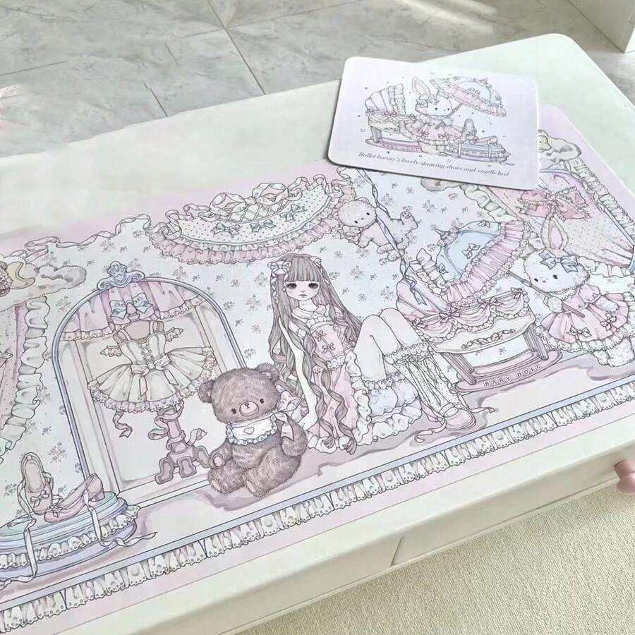 Full Screen Floral Bear Girl Lace Rabbit Ins Korean Kawaii Bunny Y2K PU Leather Desk Pad Protector Mouse Pad Office Desk Mat Waterproof Non-Slip Desk Blotter Pad Gaming Esports User - View 1