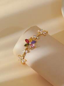 1pc Luxury Colorful Floral Copper Zirconia Bracelet, Suitable For Women's Daily Wear, Dating And Party - Flower Bracelet - View 4