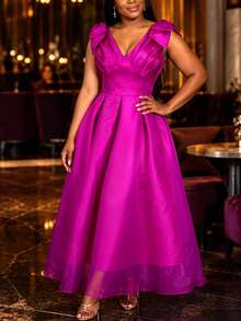 Elegant Women Fuchsia A Line Maxi Dress Deep V Neck Shoulder Bow Pleated Waist Formal Wedding Guest Evening Gown - Rose Red - View 2