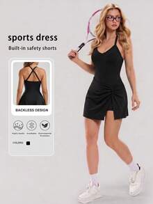 YZMJAFU Women's Tennis Sports Dress, Built-In Shorts, Open Back Criss-Cross Straps, Twisted Ruched Hem, Black Summer Style - Black - View 1