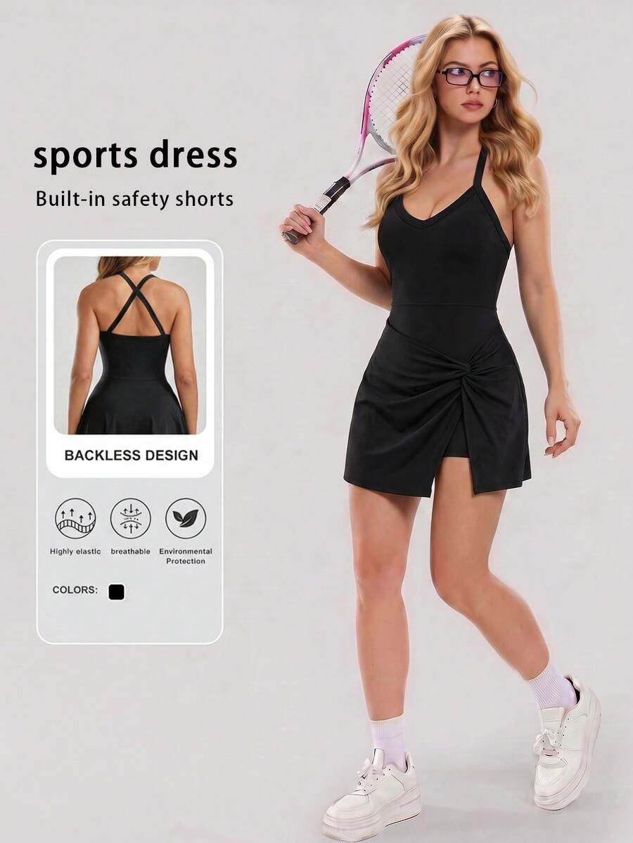 YZMJAFU Women's Tennis Sports Dress, Built-In Shorts, Open Back Criss-Cross Straps, Twisted Ruched Hem, Black Summer Style - Black - View 1