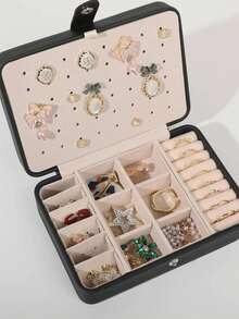 Weihnachten,Mehrschichtige Druckknopf-Schmuckbox, tragbarer Reise-Schmuckaufbewahrungs-Organizer, kompakter Halter für Halsketten, Uhren, Ohrringe, Ohrstecker, Ringe für Reisen & täglichen Gebrauch - Schwarz - Übersicht 2