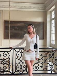 Women's V-Neck Lace Patchwork Anti-Striped Cardigan T-Shirt Long Sleeve Top White - White - View 3