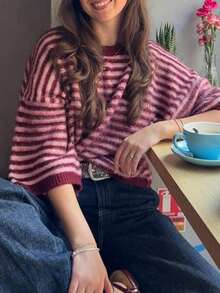 Women's Burgundy Pink Striped Fuzzy Knit Sweater Crew Neck Short Sleeve Drop Shoulder Loose Fit Fall Casual Pullover - Red - View 4