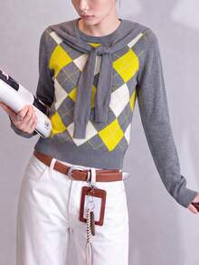 Women's Winter Casual Minimalist Argyle Pattern 2 In 1 Pullover Sweater With Scarf Design - Grey - View 3