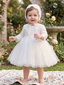 Baby Girls' White Long Sleeve Dress With Hat, Perfect For Flower Girl Wedding - White - View 9