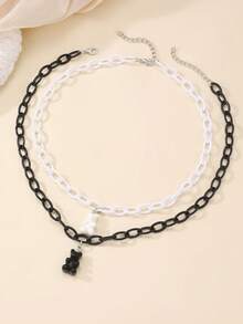 2pcs/Set Girls Bear Pendant Necklace, Pink & White Chain Collarbone Necklace, Niche Personalized Accessory Suitable For Daily Decoration - Multicolor - View 11