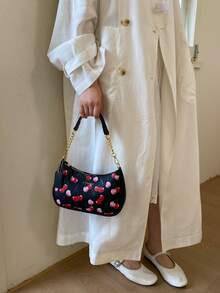 Fun Print Pattern With Metal Chain Spliced Shoulder Strap Crescent Shape Underarm Bag Personalized Fun Style Shoulder Bag Women's Outing Party Date Portable Small Bag Vibrant Atmosphere Matching Shoulder Bag - Black - View 5